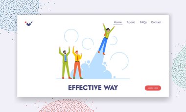 Etkili Yol İniş Şablonu. Mutlu İş Kadınları ya da Yönetici Jetpack 'le Hedefe Uç. Roket sırtında kariyerini yükselten, başarılı çalışan, yatırım yapan bir kız. Çizgi film Vektör İllüstrasyonu