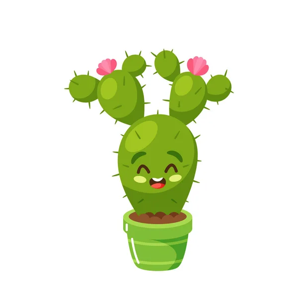 Cactus Lindo Maceta Personaje Suculento Kawaii Con Flores Espigas Aisladas — Vector de stock