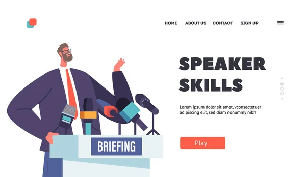 Speaker Skills Landing Page Template Pressekonferenz Briefing Konzept Mit Einem — Stockvektor