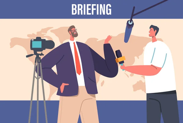Journalist Interviewt Politiker Während Briefing Oder Pressekonferenz Mann Anzug Spricht — Stockvektor
