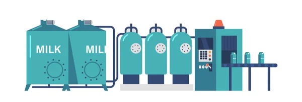 Transportador Fábrica Leche Con Tanques Paquetes Cinta Procesamiento Línea Productos — Vector de stock