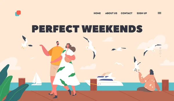 Perfecte Weekend Landing Page Template Happy Couple Characters Wandelen Langs — Stockvector