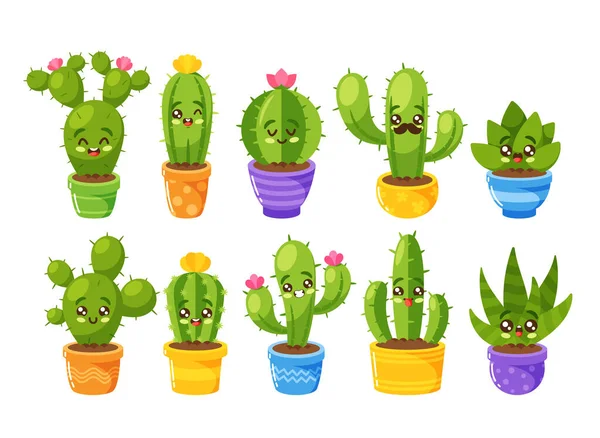Set Von Kakteen Blumentöpfen Kawaii Kaktus Mit Blumen Und Stacheln — Stockvektor