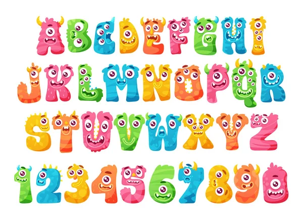 ハロウィンモンスターアブク 面白い子供装飾的な手紙 感情とかわいい文字や数字 おとぎ話の種類は 文字を設定カラフルな子供のスクラップブッキング要素 漫画ベクターイラスト — ストックベクタ