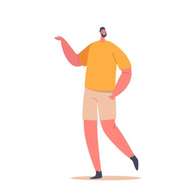 Bekar erkek karakter sarı tişört ve bej şort giyer. Beyaz arka planda izole edilir. Pozitif Moda Adamı, Modern Giysiler İçinde Millenial Cazibeli İnsan. Çizgi film İnsanları Vektör İllüstrasyonu