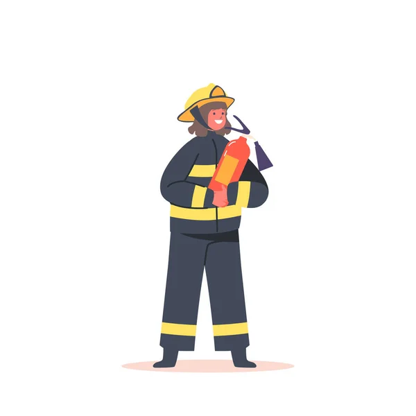 Дівчина Вогнепальник Тримає Вогнегасника Хоробрий Пожежник Спеціальним Обладнанням Боротьби Блейзом — стоковий вектор