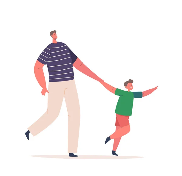 父は白い背景に隔離された息子と歩く お父さんの手を握っている子供たち 幸せな家族のキャラクターは一緒に時間 屋外ウォーキング コミュニケーションを過ごします 漫画人ベクトルイラスト — ストックベクタ