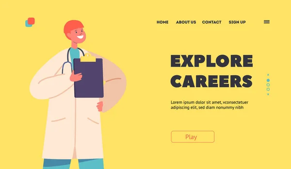 Entdecken Sie Career Landing Page Template Kind Spielt Arzt Jungenfigur — Stockvektor