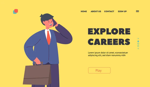 Verken Career Landing Page Template Kid Businessman Met Briefcase Spreken — Stockvector