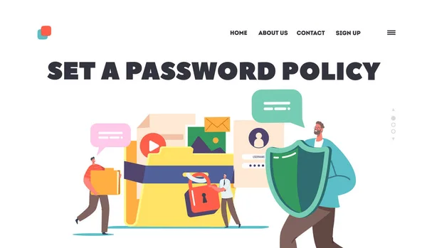 Lösenordspolicy Landning Page Template Små Tecken Enorma Skyddade Mapp Med — Stock vektor