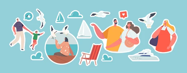 Set of Stickers People Walking along Embankment, Yacht, Gull, Dad with Son, Couple Characters Relax. Family Outdoors Recreation on Quay. Wooman Sit on Wooden Pier. Cartoon Vector Illustration, Patches