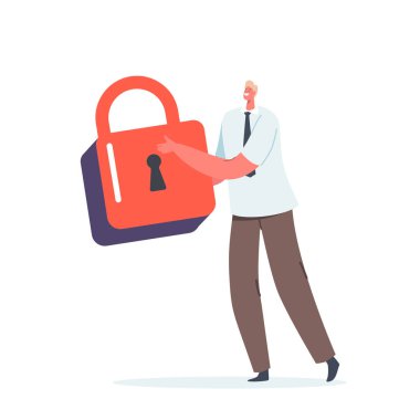 Beyaz Arkaplanda Büyük Asma Kilitli Küçük Erkek Karakteri. Gizlilik ve Koruma Konsepti, Kimlik Bilgileri, İnternet Gizliliği, Dosya, Profil Güvenliği. Çizgi film Vektör İllüstrasyonu