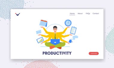 Çoklu görev, Üretim, Etkili Zaman Yönetimi İniş Sayfa Şablonu. Çok Kollu İşadamı Yoga Lotus pozisyonunda oturup aynı anda birçok iş yapıyor. Çizgi film İnsanları Vektör İllüstrasyonu