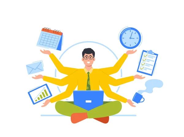 マルチタスク 効果的な時間管理の概念 瞑想を練習しながら同時に多くのタスクを行うヨガ蓮の位置に座って多くの腕を持つビジネスマン 漫画人ベクトルイラスト — ストックベクタ