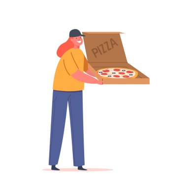 Genç Kız Kurye Üniformalı Tutucu Kutusu Pizza, Genç Kadın Karakter Seçimi Meslek, Yan Görev, Beyazların Arkaplanında Tecrit Edilmiş Oyun. Çizgi film İnsanları Vektör İllüstrasyonu