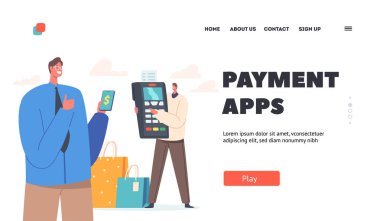 Payment Apps Landing Page Template. Men Buyers Hold Smartphone and Huge Pos Terminal for Secure Paying with Credit Card in Supermarket or Online. Purchases in Internet. Cartoon Vector Illustration clipart