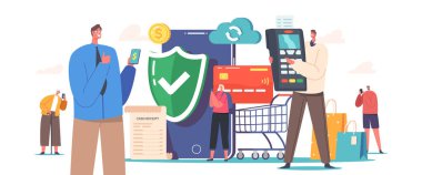 Karakterler Temassız Ödeme Kavramını Kullanır. Alıcılar Akıllı Telefonla Ödeme İçin Kredi Kartlarını Tutuyorlar. Çevrimiçi Güvenli Alımlar Yapan İnsanlar, Pos Terminali, Nakitsiz Ödeme. Çizgi film Vektör İllüstrasyonu