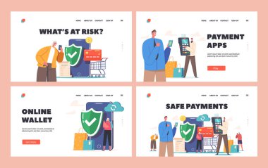 Characters Use Safe Payment Landing Page Template Set. Buyers Hold Credit Cards for Paying with Smartphone. People Make Secure Purchases Online, Pos, Cashless Paying. Cartoon Vector Illustration clipart