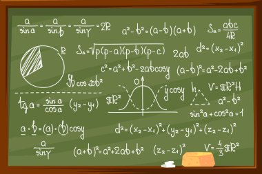 Matematiksel Denklemler ve Formüller Okul Kurulu. Cebir dersi için El Çizimi Diyagramları ve Grafikleri. Sünger ve Tebeşir ile Green Chalkboard Geçmişi, Eğitim Konsepti. Vektör İllüstrasyonu