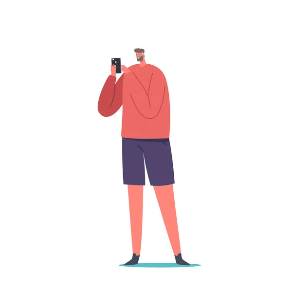 Personaje Masculino Adulto Mirando Pantalla Smartphone Comunicación Con Teléfono Móvil — Vector de stock