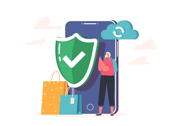 Жінка Клієнт Стоїть Величезному Смартфоні Shield Cloud Безпечної Безготівкової Онлайн — стоковий вектор