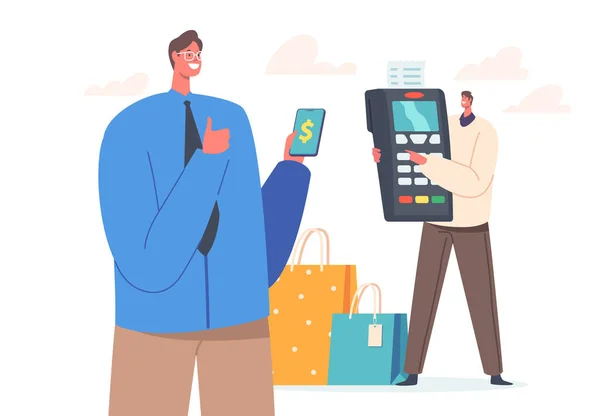 Koncepcja Bezpiecznej Płatności Mężczyźni Kupujący Posiadają Smartfon Ogromny Pos Terminal — Wektor stockowy