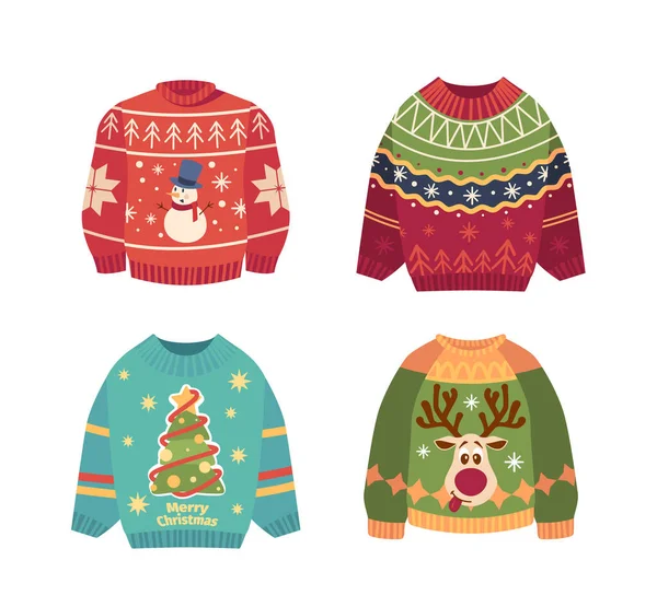 Cute Ugly Christmas Sweaters Snowman Deer Xmas Tree Сині Червоні — стоковий вектор