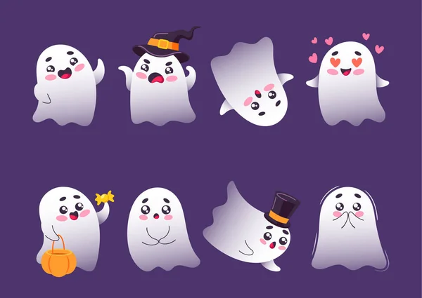 かわいい幽霊のセット 漫画ハロウィンキャラクター 面白いですかわいい猫はキャンディとお祭りの帽子の生き物を注ぎます 不気味な笑顔の霊 愛らしいファンタジーモンスター ファントムパーソナライズ ベクターイラスト — ストックベクタ