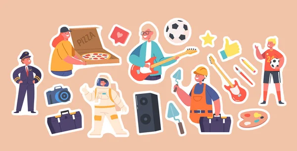 Stickers Kids Professions Builder Pizza Courier Astronot Müzisyen Pilot Futbolcu — Stok Vektör