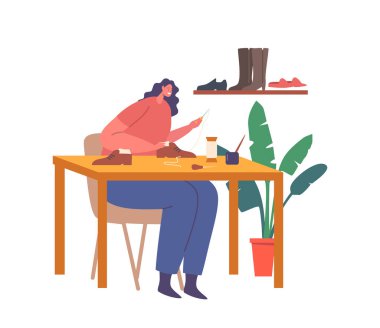 İş yerinde Awl 'lu Ayakkabıcı Kadın El Yapımı Ayakkabı Yaratıcısı. Ayakkabı Sanatçısı Özel Ekipman ve Aletlerle Ayakkabı Yapan Karakter, El Sanatı. Çizgi film İnsanları Vektör İllüstrasyonu