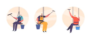 Cam Temizleme Servisi, İşçiler Üniforma Giyiyor İzole edilmiş Yuvarlak Simgeler veya Görseller. Karakterler, Gökdelen Yıkama Takımı, Yıkama Ekibi, Yıkama Ekibi, Temiz Bina Cephesi. Çizgi film İnsanları Vektör İllüstrasyonu