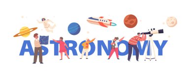 Astronomi Bilim Konsepti. Çocuklar teleskopta, kızlar ve erkekler uzayda çalışırlar. Çocuk Karakterler Gökyüzünü Gezegenler, Mekik ve Astronot Posteri, Sancak veya Flyer ile Gözlemler. Çizgi film Vektör İllüstrasyonu