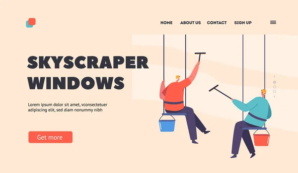 Skyscraper Windows Service Landing Page Template Wasmachines Mannen Karakters Uniform — Stockvector