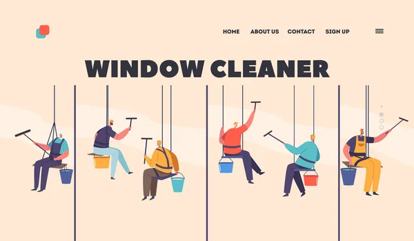 Window Cleaners Landing Page Template Inglês Lavadores Personagens Masculinos Uniforme —  Vetores de Stock