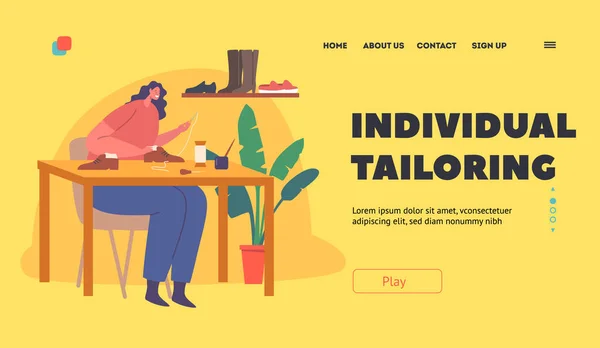 Individuale Sartoria Landing Page Template Donna Calzolaio Con Awl Seduto — Vettoriale Stock