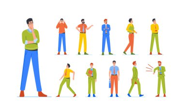 İş Adamları, Tezgâhtarlar ya da Erkek Karakterler. Kızgın Patron, Düşünüyor, Ellerinde Dizin ve Beyaz Arkaplanda Çapraz Kollarla Bekliyor. Çizgi film İnsanları Vektör İllüstrasyonu