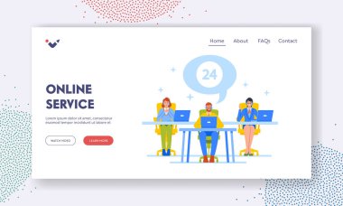 Çevrimiçi Servis İniş Şablonu. Ofisteki Destek Hattı 'ndaki Kulaklıklı Çağrı Merkezi Operatörleri Müşterilerin Sorunlarını Çözmelerine Yardım Ediyor. Çizgi film İnsanları Vektör İllüstrasyonu