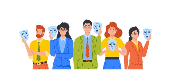 Erkek Kadın Karakterler Sahte Olumlu Duyguları Olan Sosyal Maskelerin Arkasına — Stok Vektör