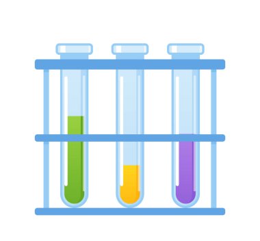 Kimya Laboratuvarı Bilimadamı Ekipmanı, Holder 'daki Cam Laboratuvarı Beyaz Arkaplanda İzole Edildi. Laboratuvar tüpü, deney tüpü ya da kimyasal test için renkli sıvılarla doldurulmuş matara. Çizgi film Vektör İllüstrasyonu
