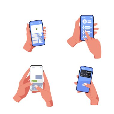 Eller ve Cep Telefonları 'nı ayarla. Parmak Dokunma, Tıklama, Akıllı Telefon Ekranları, Uygulamalar Kullanımı. Beyaz arka planda izole edilmiş cep telefonlarıyla ilgilenen insanlar. Çizgi film Vektör İllüstrasyonu