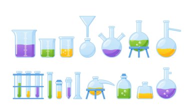 Laboratuvar camları beyaz arka planda izole edilmiş. Laboratuvar tüpü, deney tüpü ve farklı renklerde sıvılarla dolu matara. Kimyasal Test için Ekipman Koleksiyonu. Çizgi film Vektör İllüstrasyonu