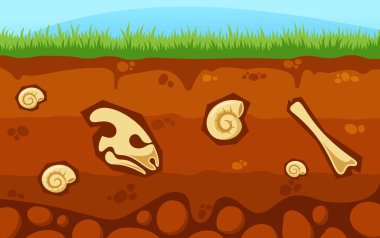Dinazor İskelet Kafatası, Kemik ve Ammonitli Toprak Katmanları. Sürüngen fosilleriyle Dünya Yapısının Üst Katmanı, Organik Tarih Öncesi Kalıntılar ve Minerallerin Karışımı. Çizgi film Vektör İllüstrasyonu