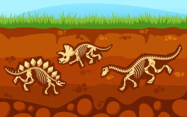 Dinozor iskeletleriyle kaplı toprak tabakası, Dünya 'nın içinde ölü hayvanlar tarih öncesi sürüngen kemikleriyle dolu yer altı yüzeyi çamur ve yeşil ot düzeni ile kesişiyor. Çizgi film Vektör İllüstrasyonu
