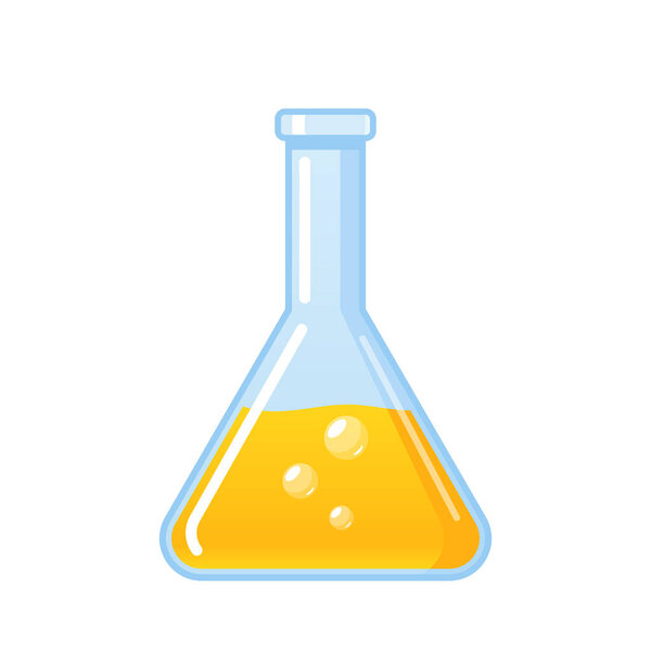 Chemical Flask Icon Isolated on White Background. Glass Beaker, Tube or Flask with Yellow Fizz Liquid. Equipment for Chemistry or Biotechnology Science, Laboratory Item. Cartoon Vector Illustration