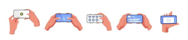 Hands Holding Mobile Phones Fingers Touching Tink Scrolling Smartphone Screens — Stok Vektör