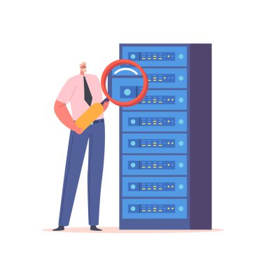 Sunucu Rafları Dolabı ve Bilgisayar Veritabanı ile çalışan Sistem Yöneticisi. Büyüteç Kontrollü Sysadmin Erkek Karakteri ve Ağ Bağlantısı Ayarlanıyor. Çizgi film İnsanları Vektör İllüstrasyonu