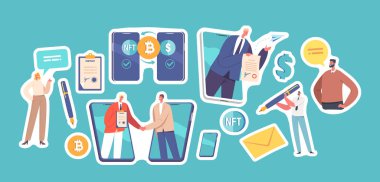 Stickers Smart Contract yürütme, Engelleme, Kripto Para Takası, Karakterlerle Mali ve Teknoloji Konsepti Telefon Ekranlarından Tokalaşma, İmza Belgeleri. Çizgi film Vektör Yamaları
