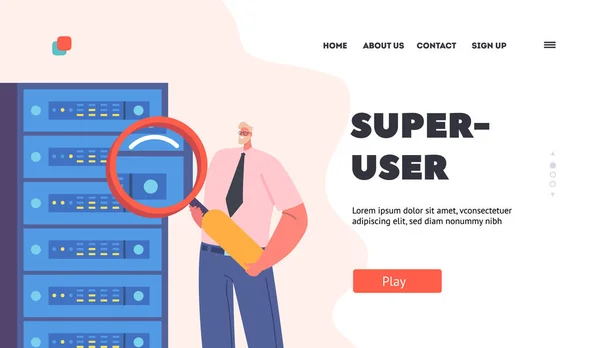 Sysadmin登陆页面模板 系统管理员与服务器机柜和计算机数据中心一起工作 具有放大镜调整网络的男性角色 卡通人物矢量图解 — 图库矢量图片