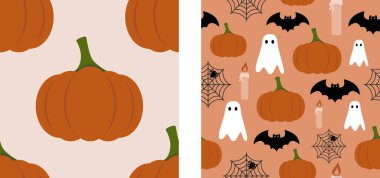 Cadılar Bayramı balkabağı mumu hayalet örümcek ağı deseni, rahat ekim ayı süsü çizimi, sonbahar tasarım figürü arka plan deseni