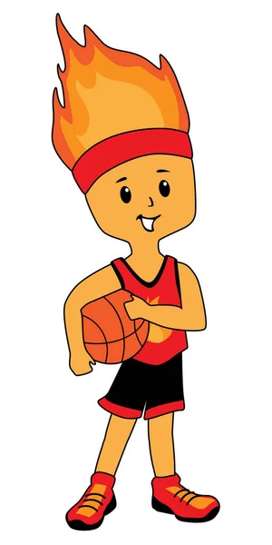 Cartoon Feuer Junge Basketballfigur Vektor Illustration Kalten Brutalen Mann Sportperson — Stockvektor
